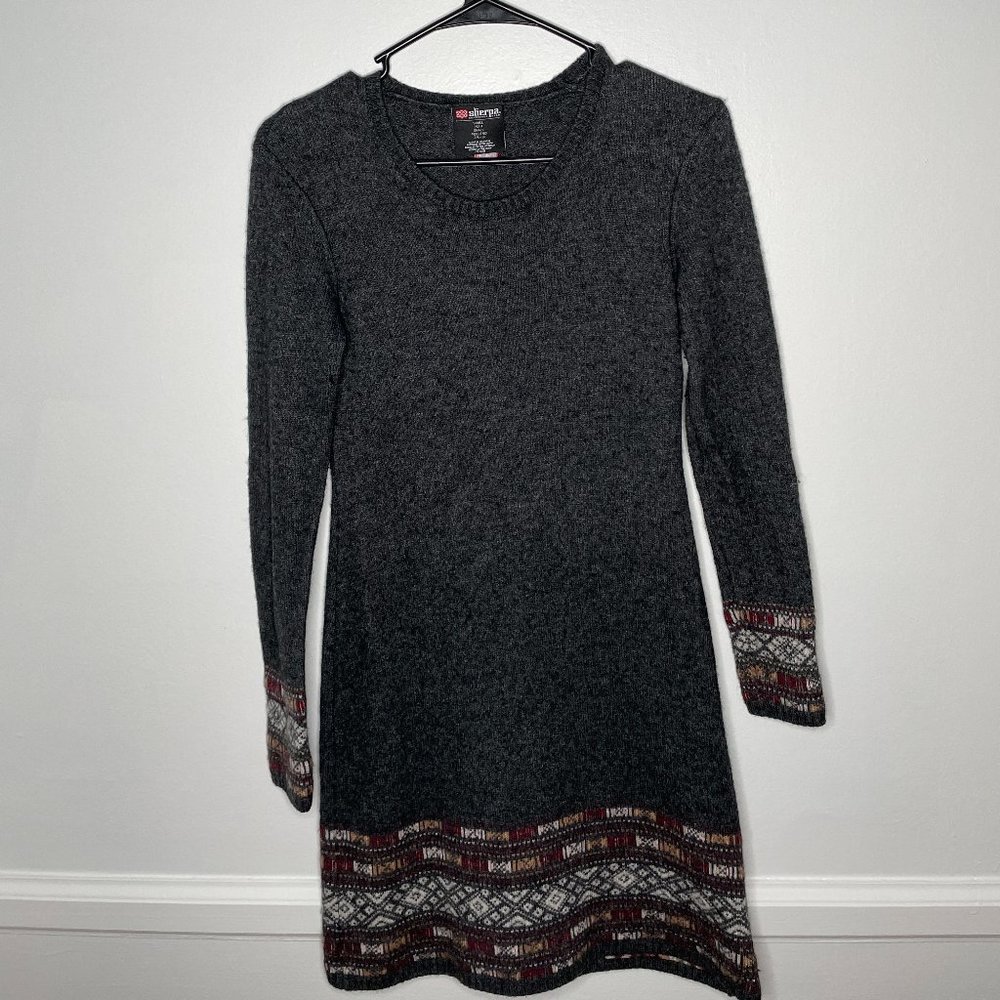 Sherpa Adventure Gear merino wool blend knit sweater dress grey /red W's small
